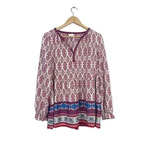 Melloday Women Floral Paisley Bohemian Print V-Neckline Long Sleeve Blouse
